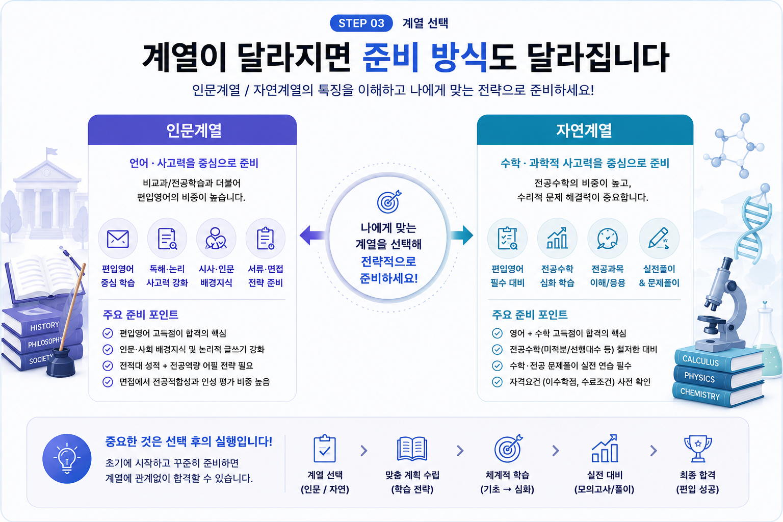 인문계와 자연계 편입 준비 방식 비교