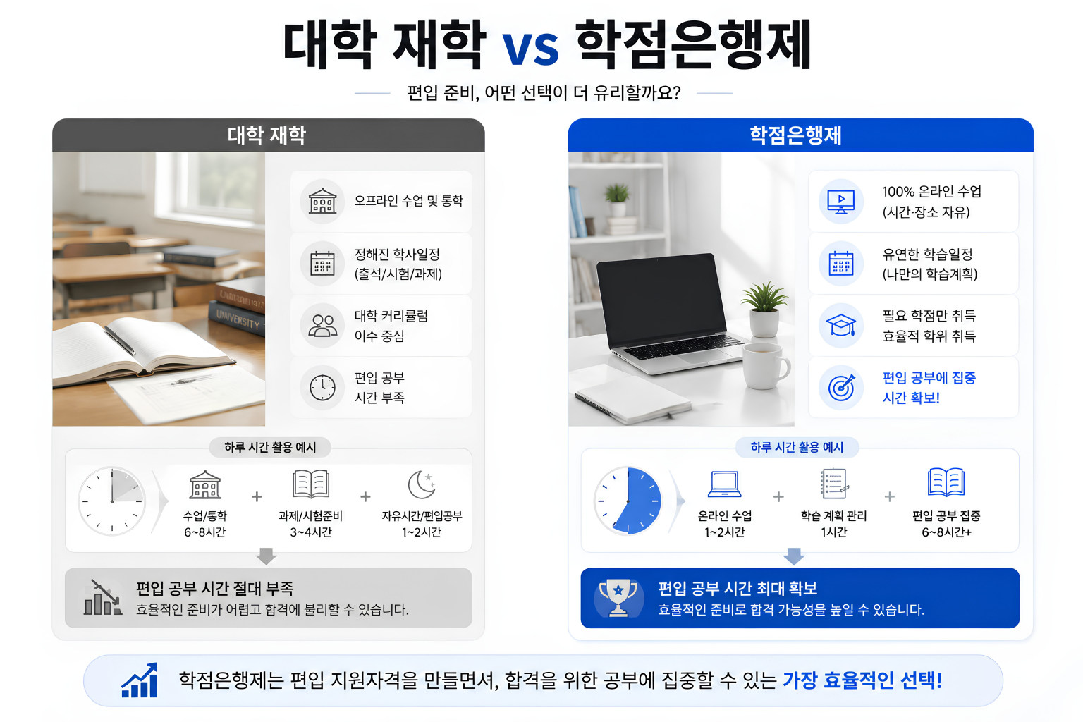 대학 재학과 학점은행제 편입준비 비교 인포그래픽