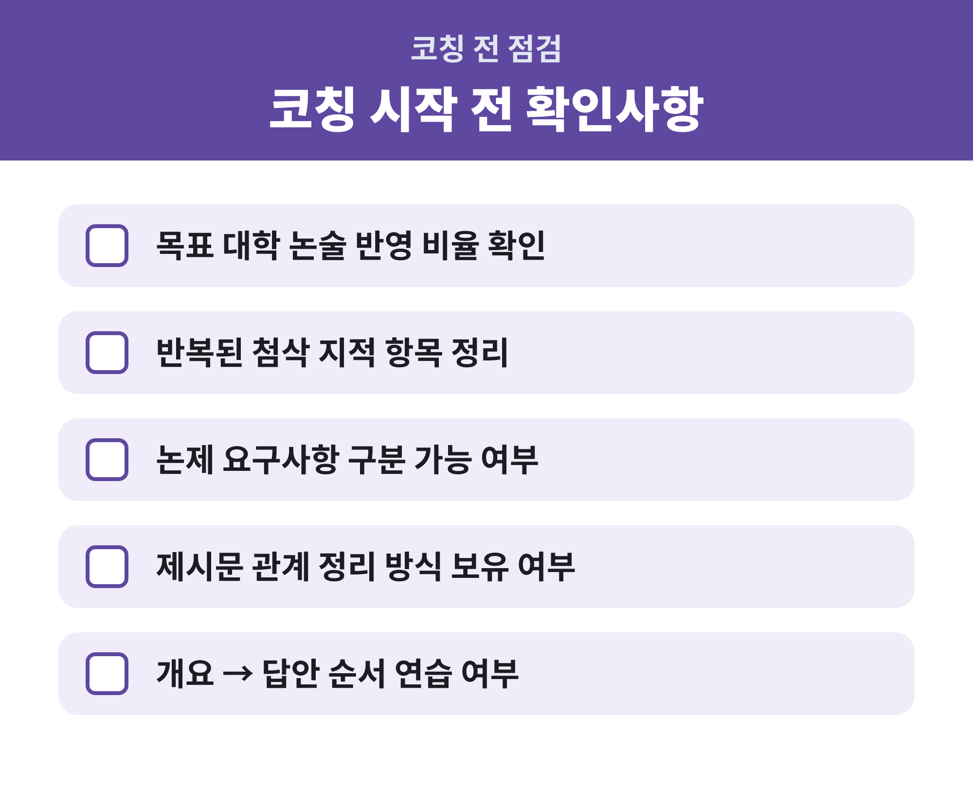 편입논술 1대1 코칭 시작 전 확인해야 할 항목 목록