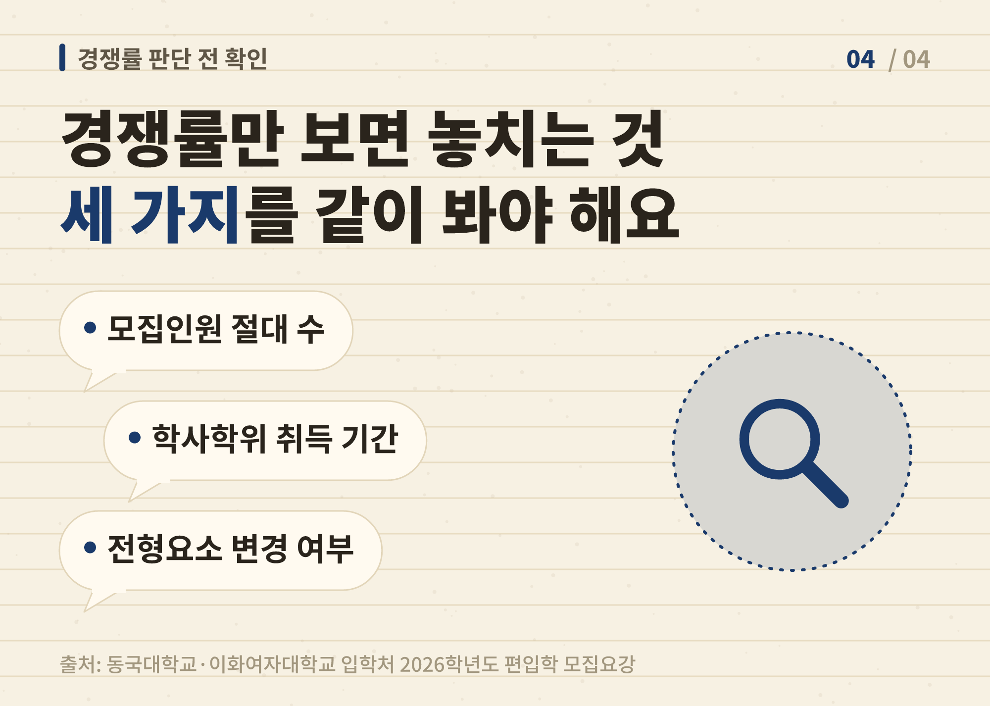 학사편입 경쟁률이 낮다는 말을 판단할 때 함께 확인해야 할 세 가지를 보여주는 이미지
